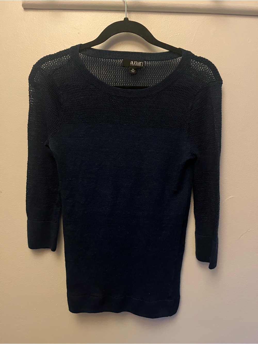 a.n.a Navy Open-Weave Yoke Crewneck Sweater